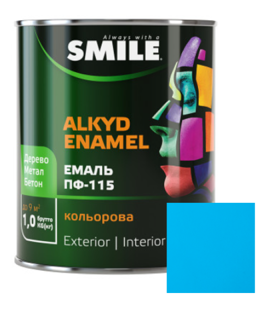 Фарба емаль алкідна по дереву і металу ПФ-115 ТМ Smile світло-блакитна 0,9кг