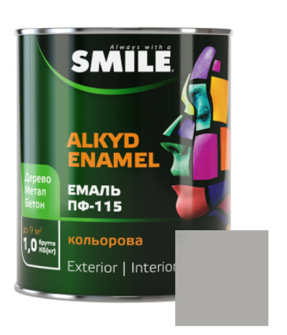 Фарба емаль алкідна по дереву і металу ПФ-115 ТМ Smile світло-сіра 0,9кг